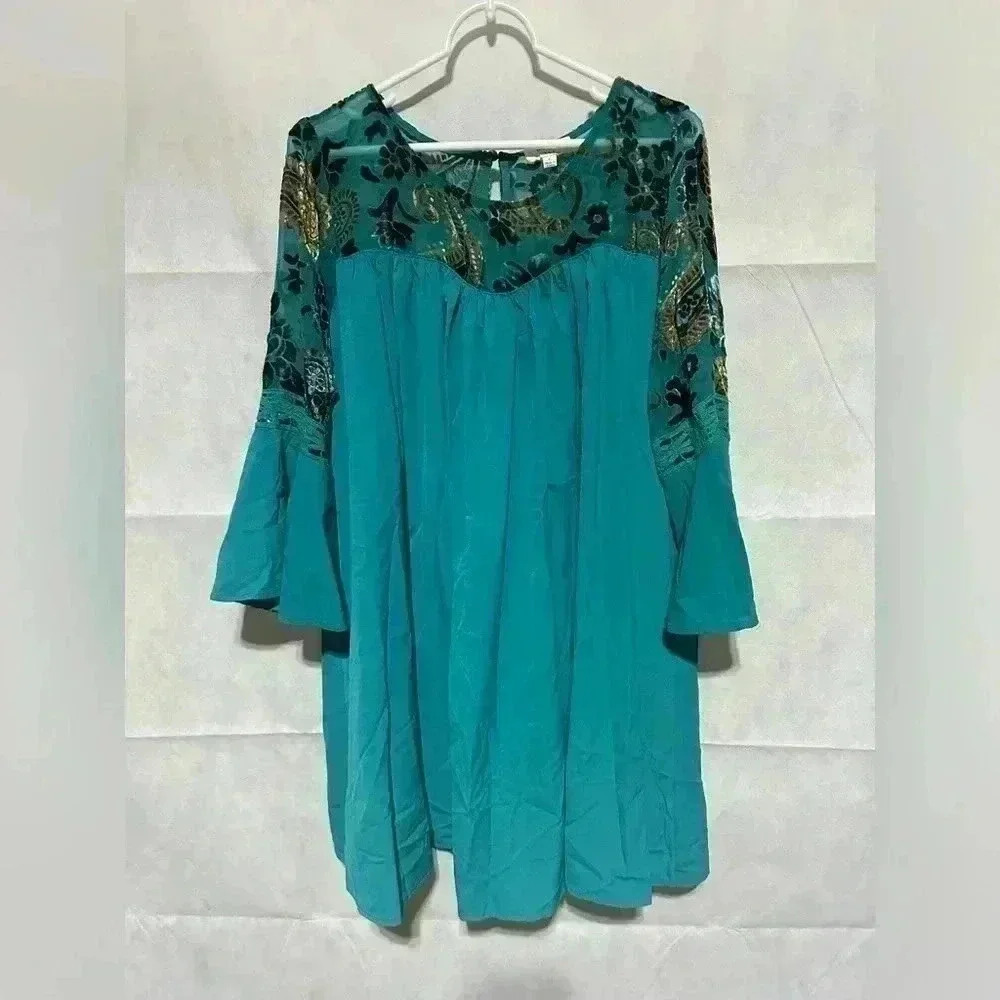 Umgee Bell Sleeve Shift Dress Womens Large Velvet Floral Embossing Teal Bohemian